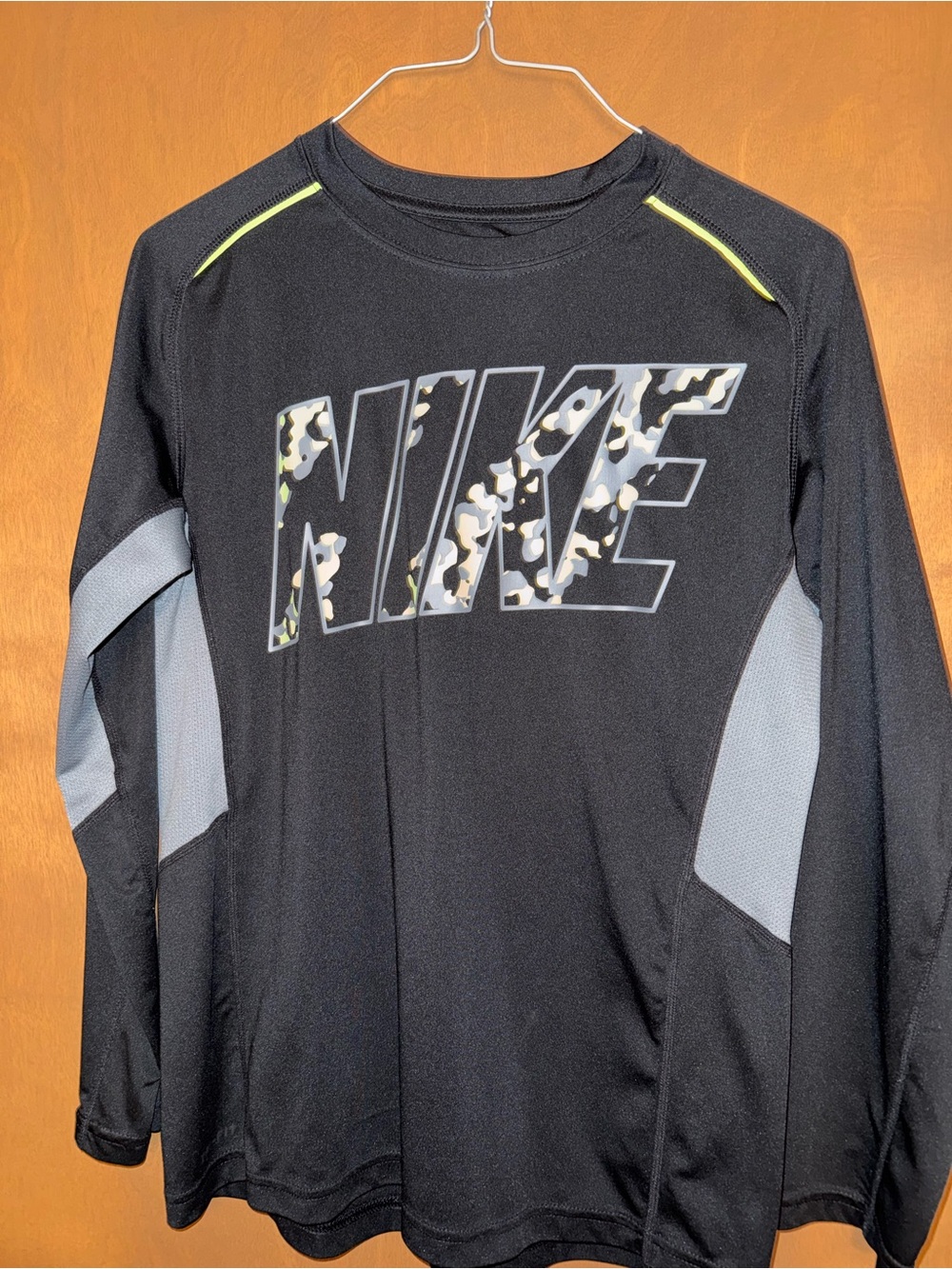 Nike Black Long-Sleeve Tee with Gray Panels and Camo Logo